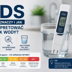 Testy wody do akwarium: miernik TDS w szklance z wodą pokazuje 128 ppm. Tabela wyjaśnia poziomy TDS.