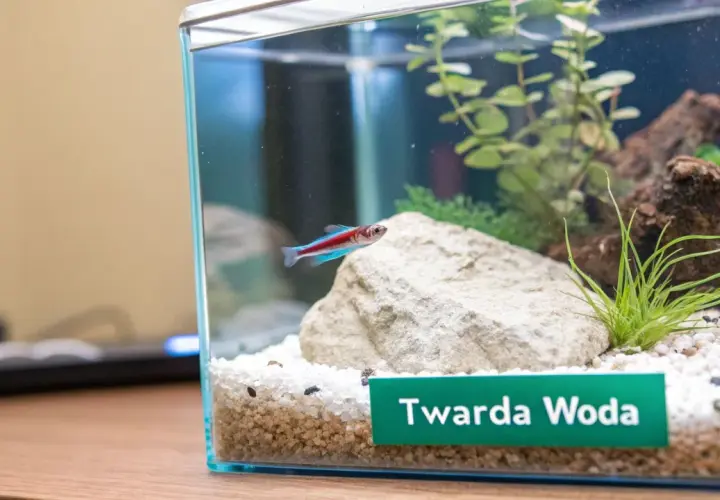 Małe akwarium z neonką, kamieniem i roślinami. Na zielonej etykiecie widnieje napis "Twarda Woda", sugerujący rodzaj wody do akwarium.