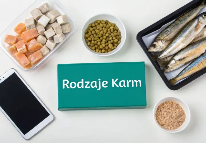 Różne rodzaje karmy dla ryb: mrożone kostki, groszek, całe ryby i granulat.