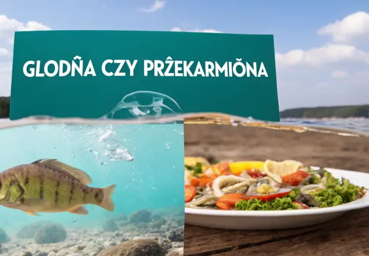 Ryba w wodzie i talerz z jedzeniem, z napisem "Głodna czy przekarmiona".