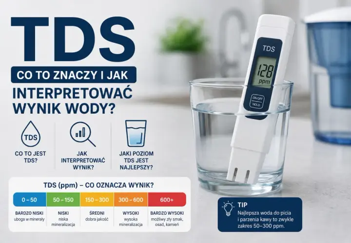 Testy wody do akwarium: miernik TDS w szklance z wodą pokazuje 128 ppm. Tabela wyjaśnia poziomy TDS.