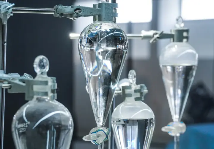 Laboratory setup z kolbami do rozdzielania cieczy. Woda destylowana a demineralizowana – czystość w nauce.