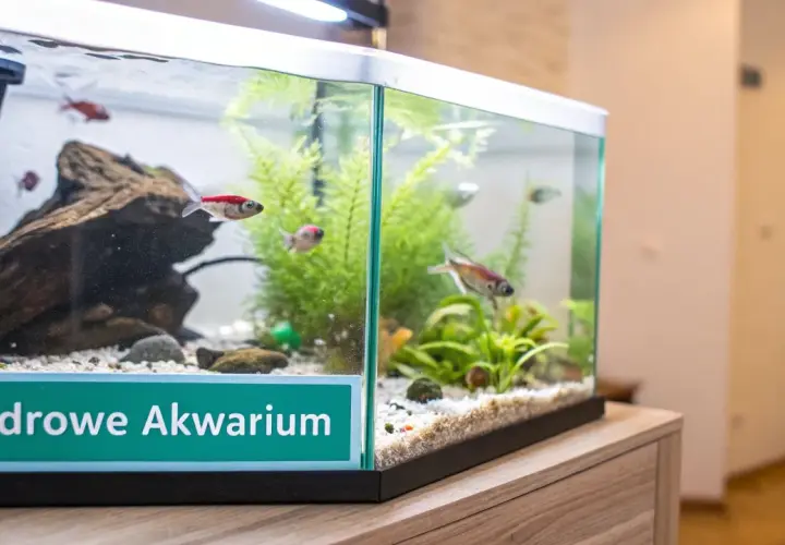 Akwarium z rybkami i roślinami, z napisem "Zdrowe Akwarium".