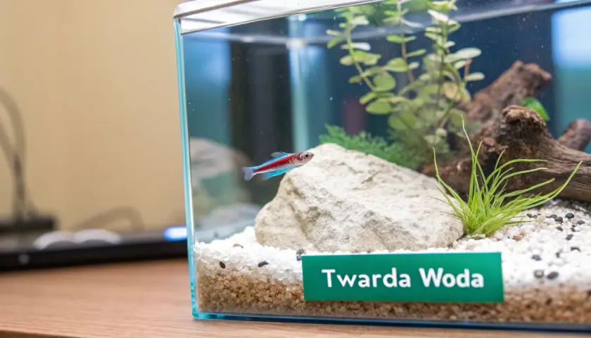 Małe akwarium z neonką, kamieniem i roślinami. Na zielonej etykiecie widnieje napis "Twarda Woda", sugerujący rodzaj wody do akwarium.