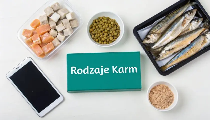 Różne rodzaje karmy dla ryb: mrożone kostki, groszek, całe ryby i granulat.