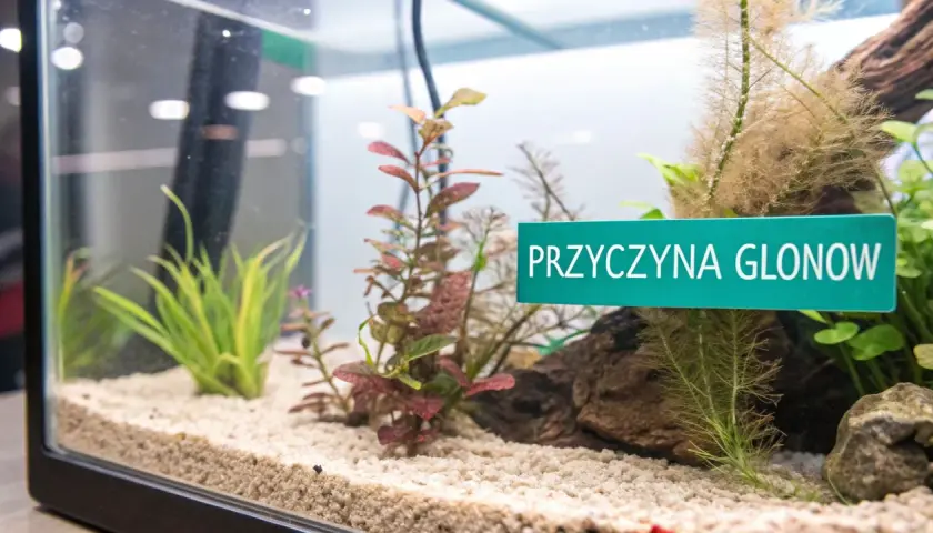 Piękne akwarium roślinne z zielonymi i czerwonymi roślinami. Tabliczka "PRZYCZYNA GLONOW" sugeruje, że to miejsce edukacyjne.