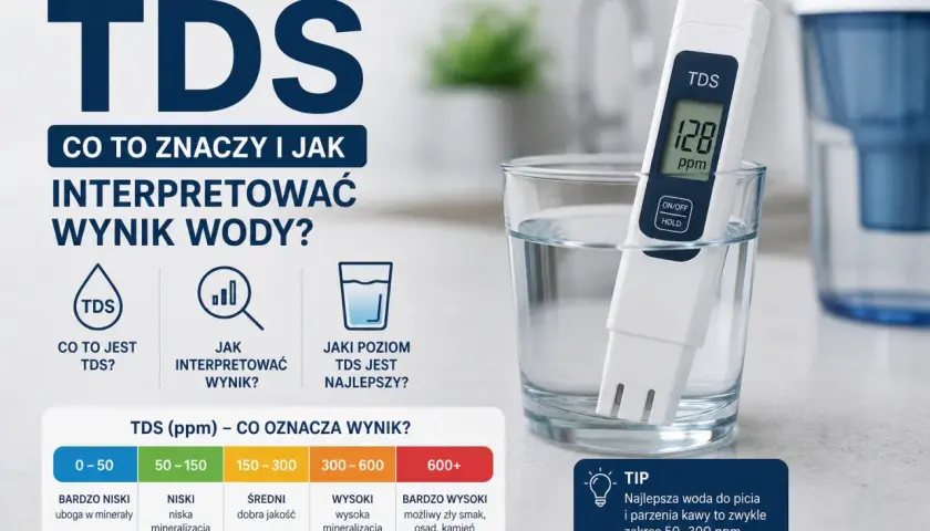 Testy wody do akwarium: miernik TDS w szklance z wodą pokazuje 128 ppm. Tabela wyjaśnia poziomy TDS.