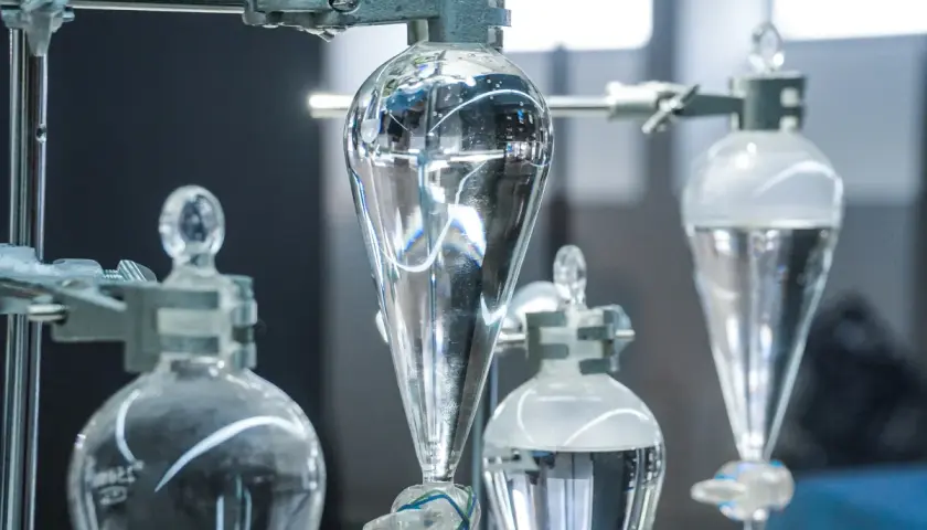 Laboratory setup z kolbami do rozdzielania cieczy. Woda destylowana a demineralizowana – czystość w nauce.