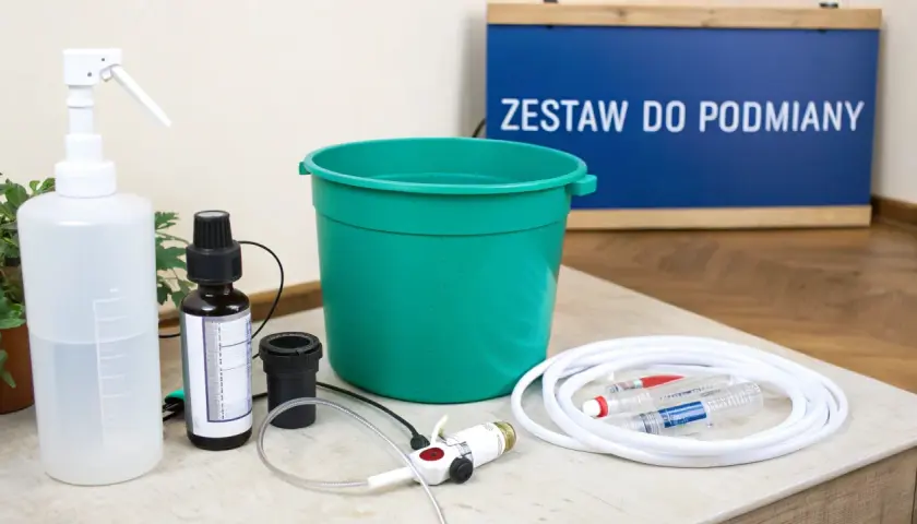 Zestaw do podmieniania zawiera butelkę z atomizerem, pojemnik na wodę z osmozy, wężyk i akcesoria.