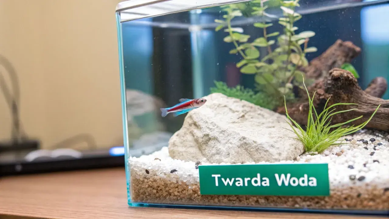 Małe akwarium z neonką, kamieniem i roślinami. Na zielonej etykiecie widnieje napis "Twarda Woda", sugerujący rodzaj wody do akwarium.