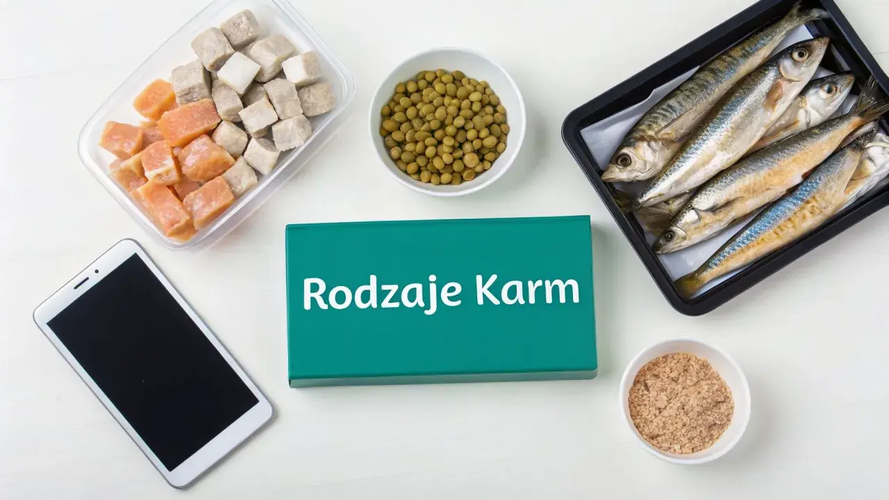 Różne rodzaje karmy dla ryb: mrożone kostki, groszek, całe ryby i granulat.
