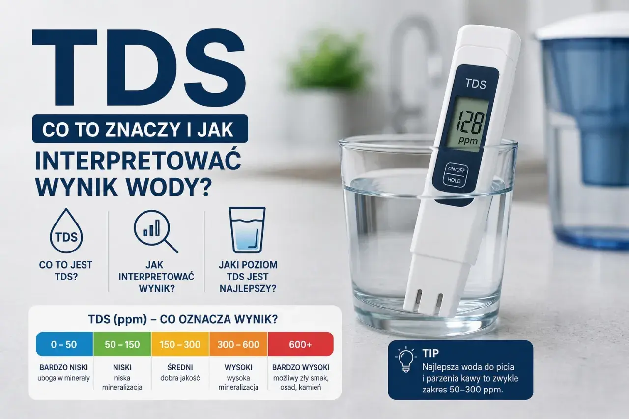 Testy wody do akwarium: miernik TDS w szklance z wodą pokazuje 128 ppm. Tabela wyjaśnia poziomy TDS.