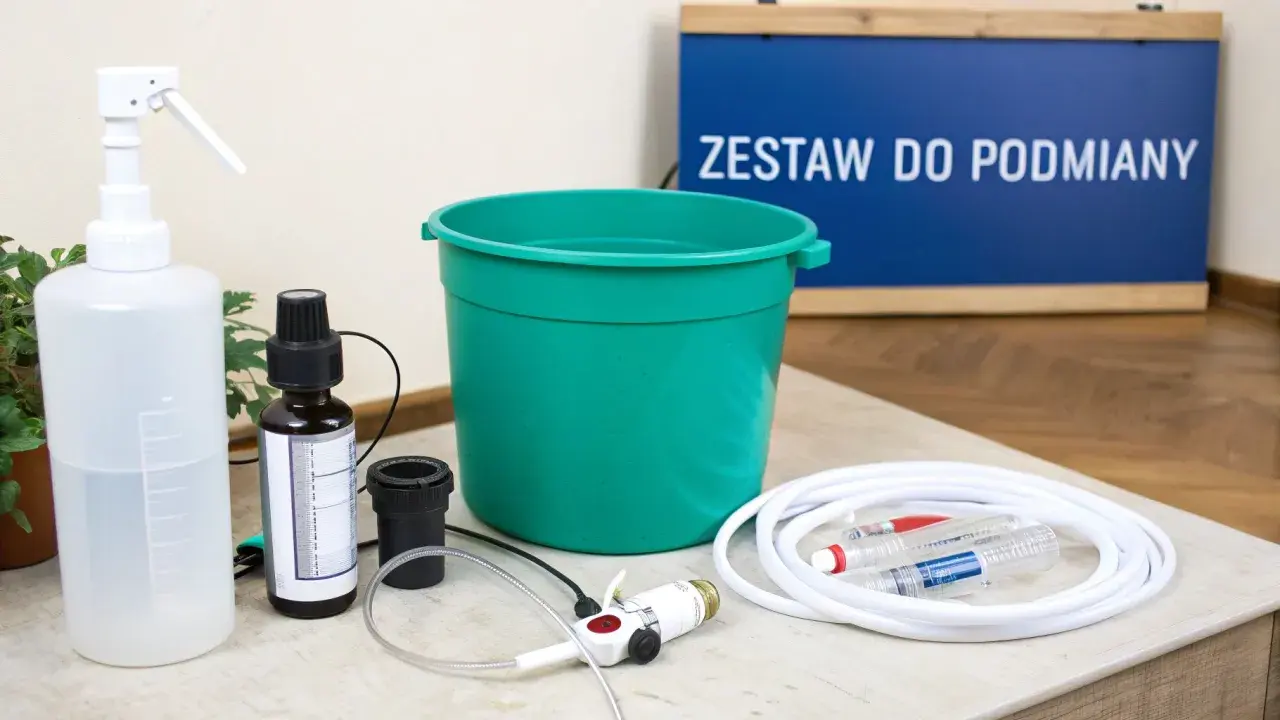 Zestaw do podmieniania zawiera butelkę z atomizerem, pojemnik na wodę z osmozy, wężyk i akcesoria.