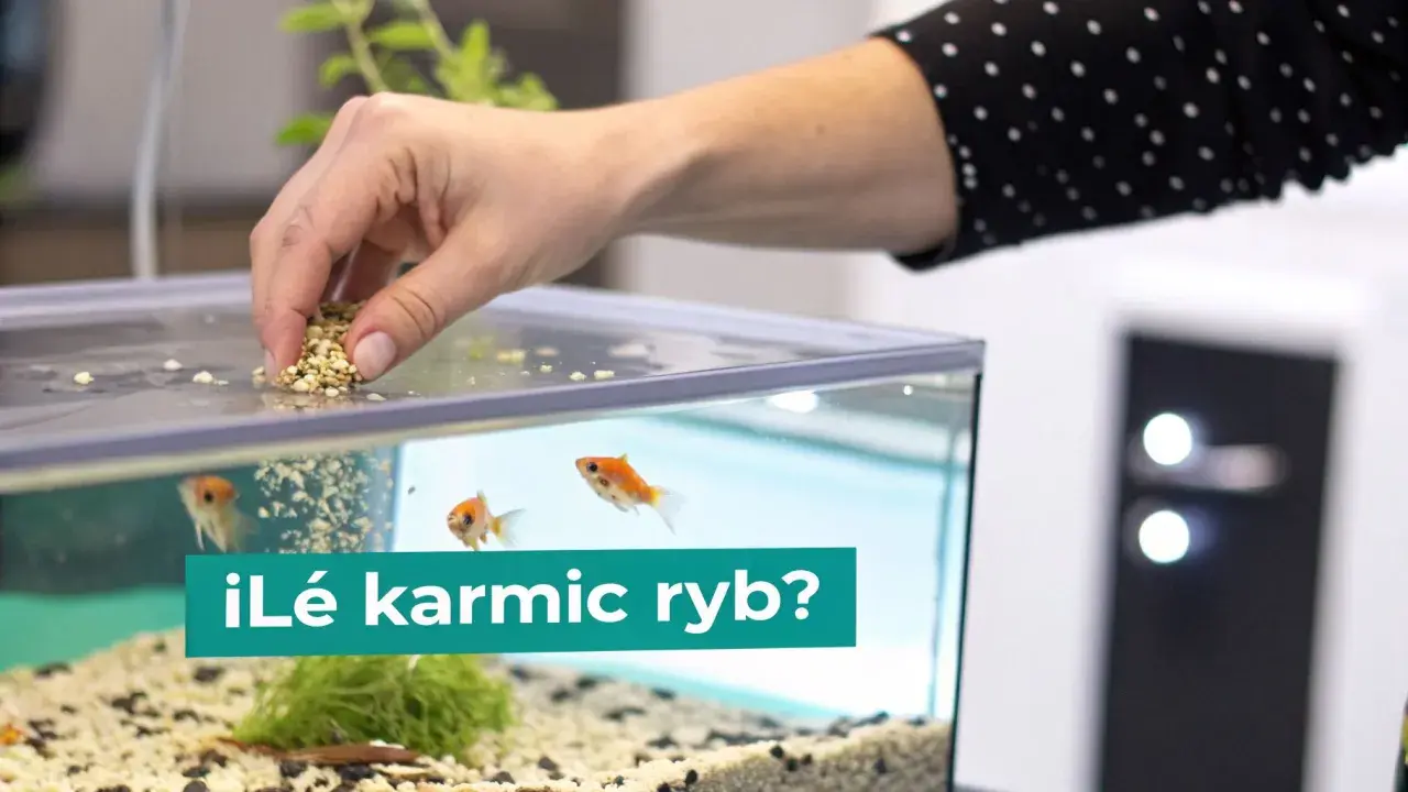 Dłoń wsypuje pokarm do akwarium, gdzie pływają złote rybki. Czy to odpowiedni pokarm dla ryb roślinożernych?